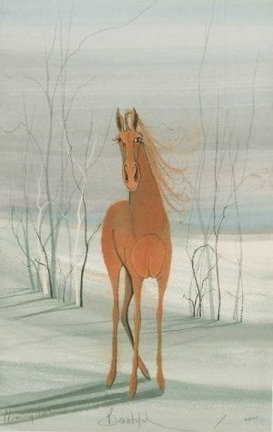 Beautiful limited edition print by P Buckley Moss features a single horse in shades of rust standing against a background of light green with a touch of white, cream and blush.