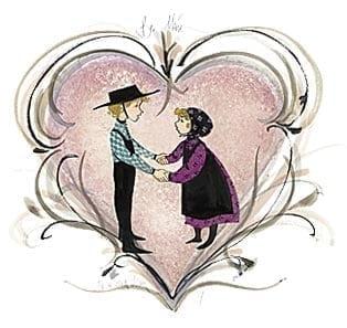 Be Mine signed and numbered, limited edition print by P Buckley Moss at Canada Goose Gallery in Waynesville, Ohio Be Mine is a limited edition print by P Buckley Moss featuring boy and girl inside heart with a flourish of lines. Background is shades of light rose and medium rose colors.