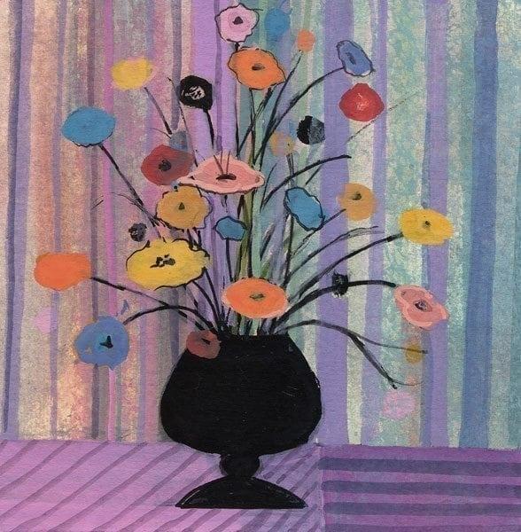 Black Vase is a limited edition print by P Buckley Moss featuring a dark vase with a bouquet of very colorful flowers. Background of soft lavender and blue stripes.