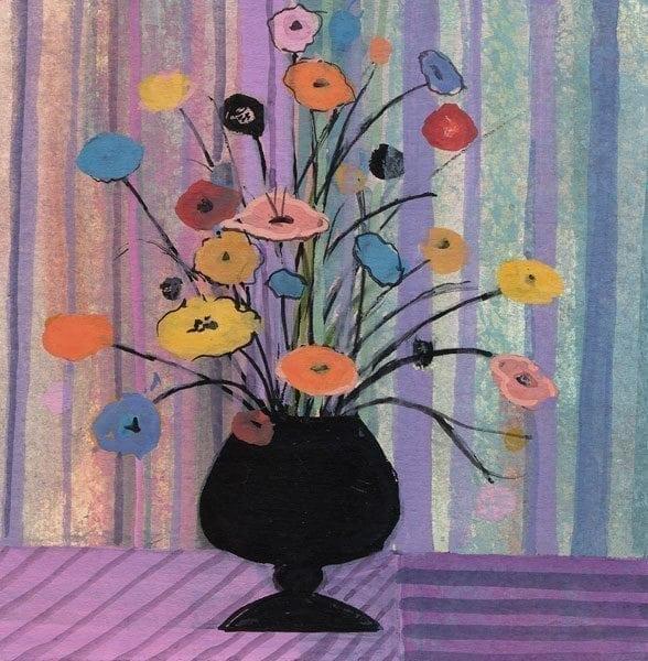 Black Vase Limited Edition Print by P Buckley Moss Black Vase is a limited edition print by P Buckley Moss featuring a dark vase with a bouquet of very colorful flowers. Background of soft lavender and blue stripes.
