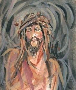 By His Wounds limited edition print by P Buckley Moss Christ portrait with an emotional face with wreath of thorns in earth tones.