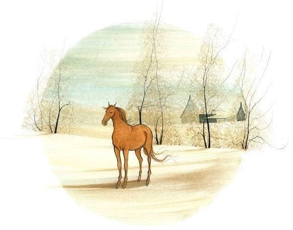 Chestnut Beauty limited edition print by P Buckley Moss features a chestnut horse with foreground of earth tones and faint yellow and faint aqua sky.