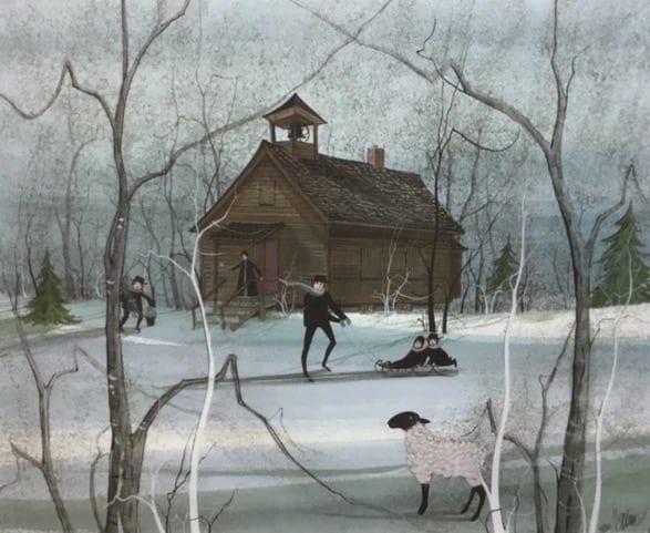 Country School Country School limited edition print by P Buckley Moss features Historic Massanutten School, built in 1875 in Inn Lawn Park, near Luray, Virginia. Colors are shades of blue, green, gray, brown and black.