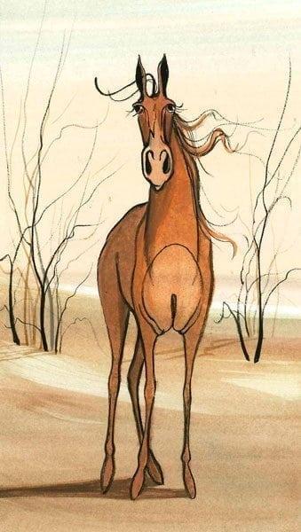 Curious Colt limited edition print by P Buckley Moss features shades of rust on the horse with cream, tan, peach and earth tones and iconic Moss bare black trees through the background.