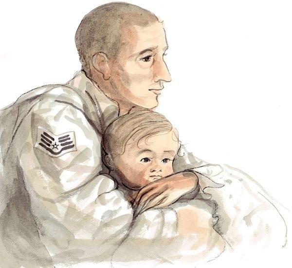 Daddy with Child limited edition print features a sweet little child with dad's arms wrapped around as they contemplate what they mean to each other. Kakai, cream, tan and white colors.