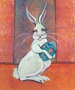 Easter Surprise is a limited edition print by P Buckley Moss featuring a large white bunny with a giant colored Easter Egg he is delivering.