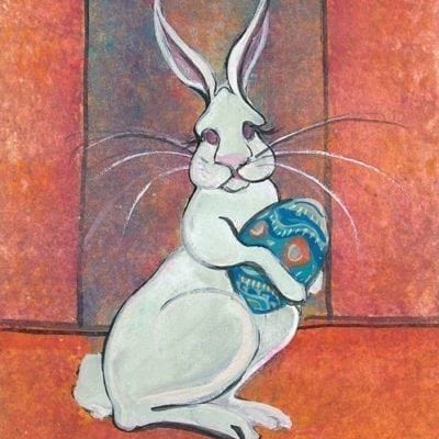 Easter Surprise is a limited edition print by P Buckley Moss featuring a large white bunny with a giant colored Easter Egg he is delivering.