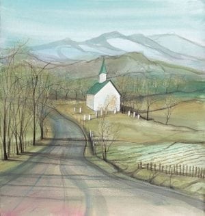 Faith in the Valley signed and numbered limited edition print by P Buckley Moss features a rural setting for a simple church that's pure white with medium green roof. Mountains in a blue haze background with greens, grays and earthtones in the foreground.