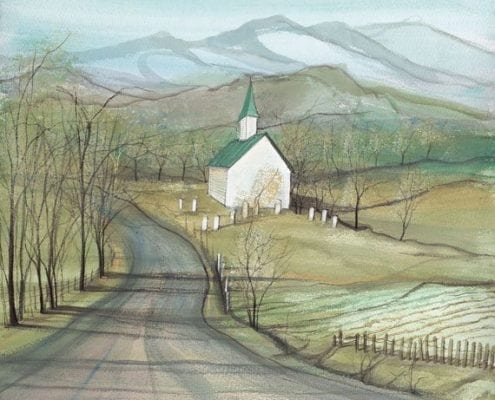 Faith in the Valley signed and numbered limited edition print by P Buckley Moss features a rural setting for a simple church that's pure white with medium green roof. Mountains in a blue haze background with greens, grays and earthtones in the foreground.