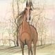 Feel the Breeze limited edition print by P Buckley Moss features a single rust colored horse against a background of peach, tans, beige and earth colors with a soft aqua tinted sky.