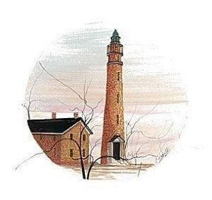 Ponce de-Leon Lighthouse print by P Buckley Moss is known as the "Light Station of Mosquito Inlet" in Florida. The 1887 structure stands 175 feet tall and is still active today. Soft shades of rusts and tans with blush and blue to the sky.