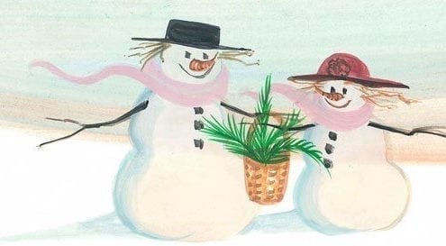 Flurry of Love is a Signed and numbered, limited edition print by American artist P Buckley Moss. Winter Snowmen with basket of ferns.