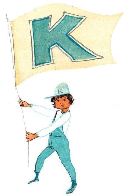 Forever Blue limited edition print by P Buckley Moss features boy with Kentucky flag in turquoise, white and yellow.