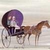 Friends in Love limited edition print by P Buckley Moss features couple in horse drawn buggy with soft background of grays and light lavender.