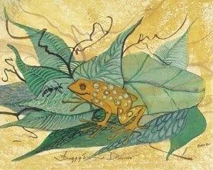 Froggy’s Dinner Limited Edition Print by P Buckley Moss Froggy's Dinner limited edition print by P Buckley Moss features a tan frog on a patch of green leaves. Froggie has his eye on a black ant who has stumbled onto the same patch of leaves.