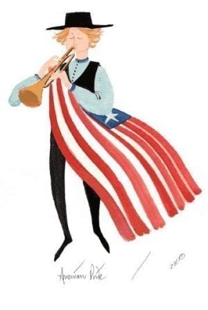 American flag tucked under this boy's arm as he plays the trumpet.