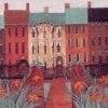City Blossoms limited edition prints by P Buckley Moss features an entire line of row houses in vibrant colors of reds, creams and creams.