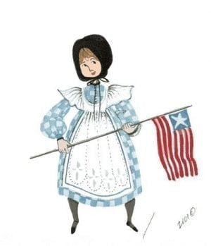 Glory is a limited edition print by P Buckley Moss featuring a young girl holding a US flag. Dressed in a blue and white check dress with white pinafore.