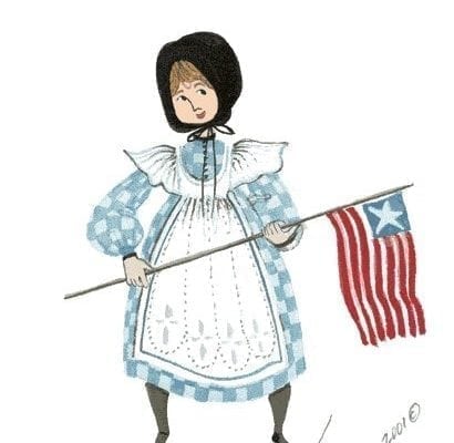 Glory is a limited edition print by P Buckley Moss featuring a young girl holding a US flag. Dressed in a blue and white check dress with white pinafore.