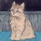 Purrfect, limited edition print by artist P Buckley Moss features a realistic cat in cream colors on a floor of beautiful blues and background of grays and darker blue/black.