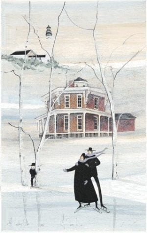 A Snowy Day loft art print by P Buckley Moss features the Loren Andrus Octagon House. Colors of white, and light blues with burgunday brink in the house coupled with black roofs.