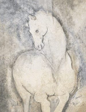 Spirit I limited edition print by P Buckley Moss features a gray and cream horse in a background of light grays, neutral shades highlighted in blue.