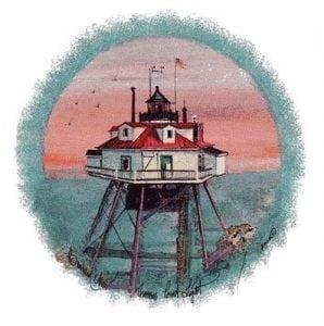 Thomas Point Light limited edition print by P Buckley Moss features a Annapolis, Maryland historic lighthouse with vivid colors of coral in the evening sky and shades of aqua for the water and the outline of the circular image. Reds and white with accents of black, brown and gray make up the lighthouse.