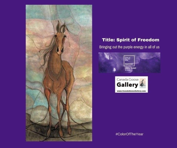 Spirit of Freedom is a giclee limited edition print by P Buckley Moss printed on paper. Colorful pastel background of turquoise lemon yellows and corals. Stately horse ih shades of tans and browns.