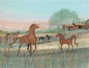 Greener Pastures limited edition by P Buckley Moss features horses in a rural American setting of green pastures, tan and earth tone accents and a peach and aqua sky.