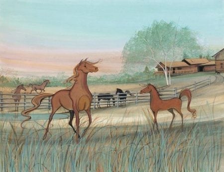 Greener Pastures limited edition by P Buckley Moss features horses in a rural American setting of green pastures, tan and earth tone accents and a peach and aqua sky.