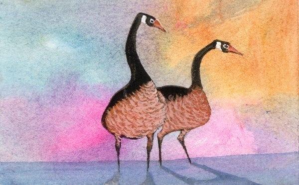Greeting the Day signed and numbered, limited edition print by P Buckley Moss at Canada Goose Gallery in Waynesville, Ohio Greeting the Day limited edition print by P Buckley Moss features two geese partners in a colorful background of gold, pink and shades of blue.