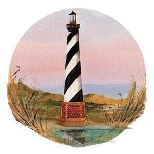 Cape Hatteras Lighthouse is a North Carolina historic landmark. Painted by P Buckley Moss in colors of earth tomes, pink, coral, rust and black and white.