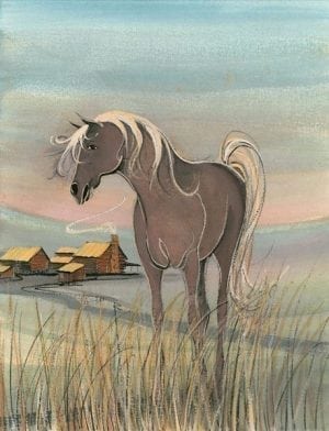 The Homestead limited edition print by P Buckley Moss is a countryside landscape with barns of mauve and golden hues in the background and a grey/brown horse with golden mane in the foreground.
