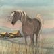 The Homestead limited edition print by P Buckley Moss is a countryside landscape with barns of mauve and golden hues in the background and a grey/brown horse with golden mane in the foreground.