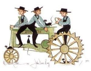 John Deere Boys limited edition print by P Buckley Moss features three boys on an antique John Deere tractor. Greens, black blue and cream tan.