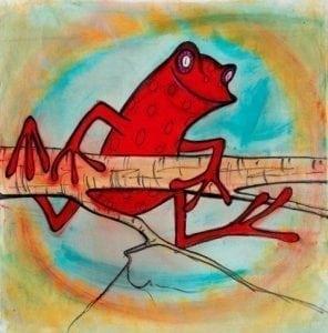 Playful red frog hanging from a branch limited edition print by P Buckley Moss.