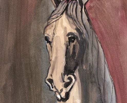 Knight limited edition print by P Buckley Moss features head and shoulders of a cream, gray and black horse with a background of mauve and gray.