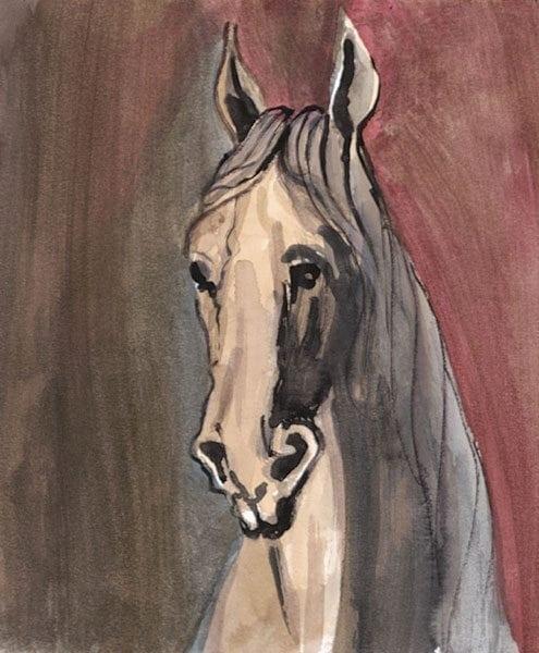 Knight limited edition print by P Buckley Moss features head and shoulders of a cream, gray and black horse with a background of mauve and gray.