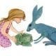 Let's Share is a limited edition print by P Buckley Moss which features a young girl dressed in pink with her big blue bunny friend inspecting the prized head of cabbage grown in their garden.