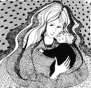 Loving Touch etching by P Buckley Moss. Black, white and gray image. Mother with baby in arms.