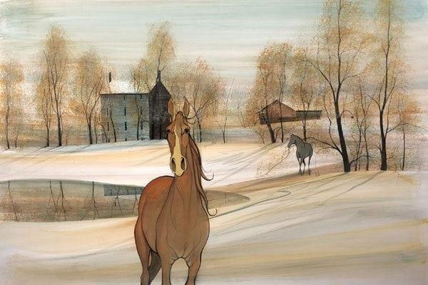 The Matriarch Signed and numbered, limited edition art print by American artist P Buckley Moss at Canada Goose Gallery in Waynesville, Ohio. The Matriarch limited edition print by P Buckley Moss features a carmel colored horse in the foreground with a pale aqua sky and earth colors throughout the trees and landscape.