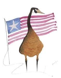 Fourth of July P Buckley Moss Goose features the Moss iconic goose on a background of the American flag in red, white and blue.