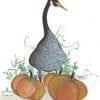 Moss Halloween Goose limited edition print by P Buckley Moss features Pat's iconic goose in a patch of pumpkins. Blues, shades of orange and black.