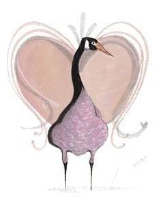 Moss Valentine Holiday Goose is limited edition print from a series of 5 prints by P Buckley Moss. Single goose standing in front of a frilly Moss heart in shades of muted lavender.