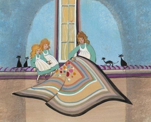 Mother's Little Helpers limited edition print by P Buckley Moss features mother and two daughters quilting. Colors in turquoise, tans, aqua browns and black.