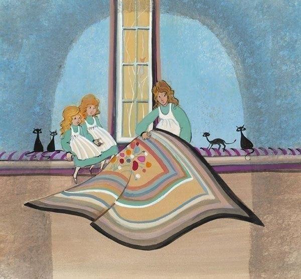 Mother's Little Helpers limited edition print by P Buckley Moss features mother and two daughters quilting. Colors in turquoise, tans, aqua browns and black.