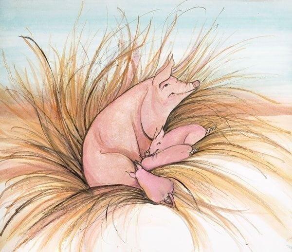 My Babies limited edition print by P Buckley Moss features mother pig and her baby piglets. Colors of pink, blue in the sky and tans in the nest of pig.