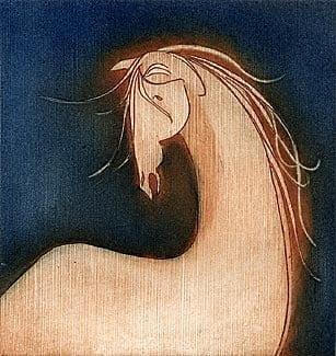 Narcisus limited edition etching by P Buckley Moss features a modern image of a horse in shades of rust and cream placed against a background of brightened navy blue.