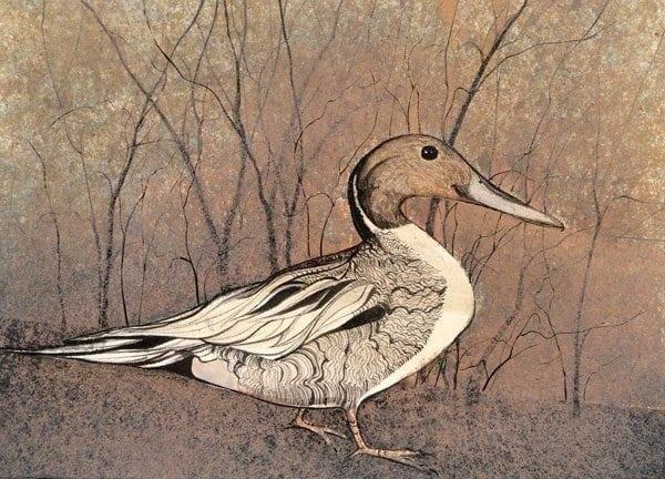 Nesting limited edition print by P Buckley Moss features duck life in a rustic setting with colors of soft rust and earth tones.