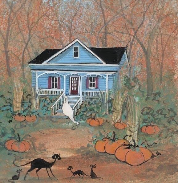 October at the Stetson House Signed and numbered, limited edition art print by American artist P Buckley Moss at Canada Goose Gallery in Waynesville, Ohio. October at the Stetson House by P Buckley Moss is a print of the home of the sister of John Stetson owner of Stetson Hat Company